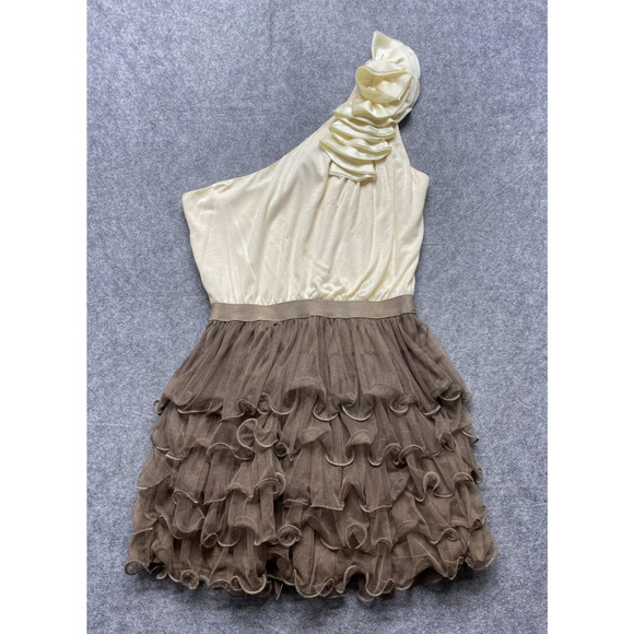 Windsor Dress Womens Large Cream Brown One Shoulder Ruffle Tulle Party Y2K - Picture 7 of 14